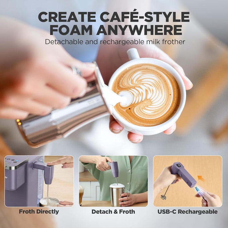 Tastyle Single Serve Coffee Maker with Built-in Detachable Milk Frother, Iced and Hot Coffee Machine for K Cup & Grounds, 40oz Removable Water Reservoir, 6 Cup Sizes, Fits 7.3" Travel Mug, Purple - Image 4